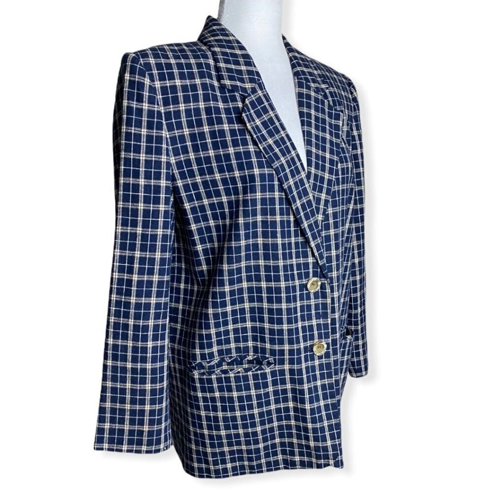 Sag Harbor Checked Plaid Linen-Blend Blue Blazer Jacket Women's Petite Size 8 - Picture 4 of 7